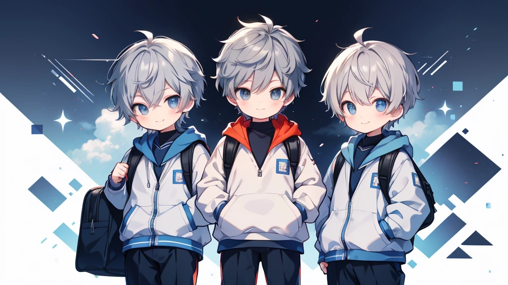 One little boy、Primary school students、Highest quality, Tabletop, Beautiful Face、hoodie、Long trousers、Gray Hair、short hair、whole body、smile、smile、Carrying a school bag、School Background、