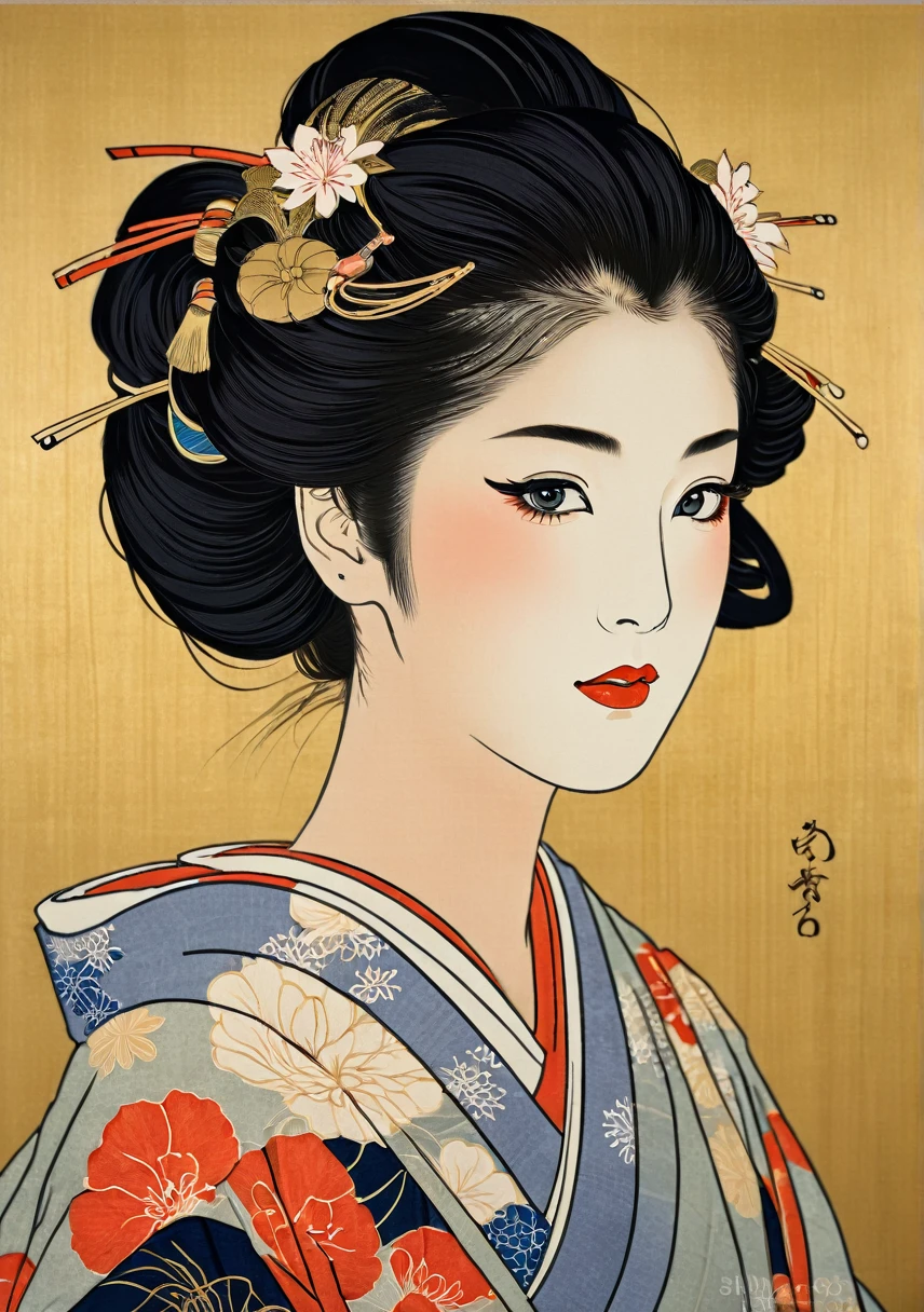 (ukiyo-e:1.9)、woodblock print、Sharaku、A beautiful young woman wearing a traditional Japanese kimono for the first time、Intricate kimono patterns、Delicate facial features、Elegant hairstyle、Beautiful eyes and lips、Calm expression、Close-up of face、Natural light、High resolution、Detailed Images、Bright colors、Realistic、masterpiece