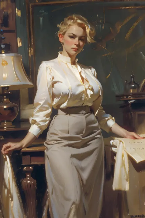 blonde hair, teacher, white blouse, gray skirt, huge breasts, sargent, by sargent