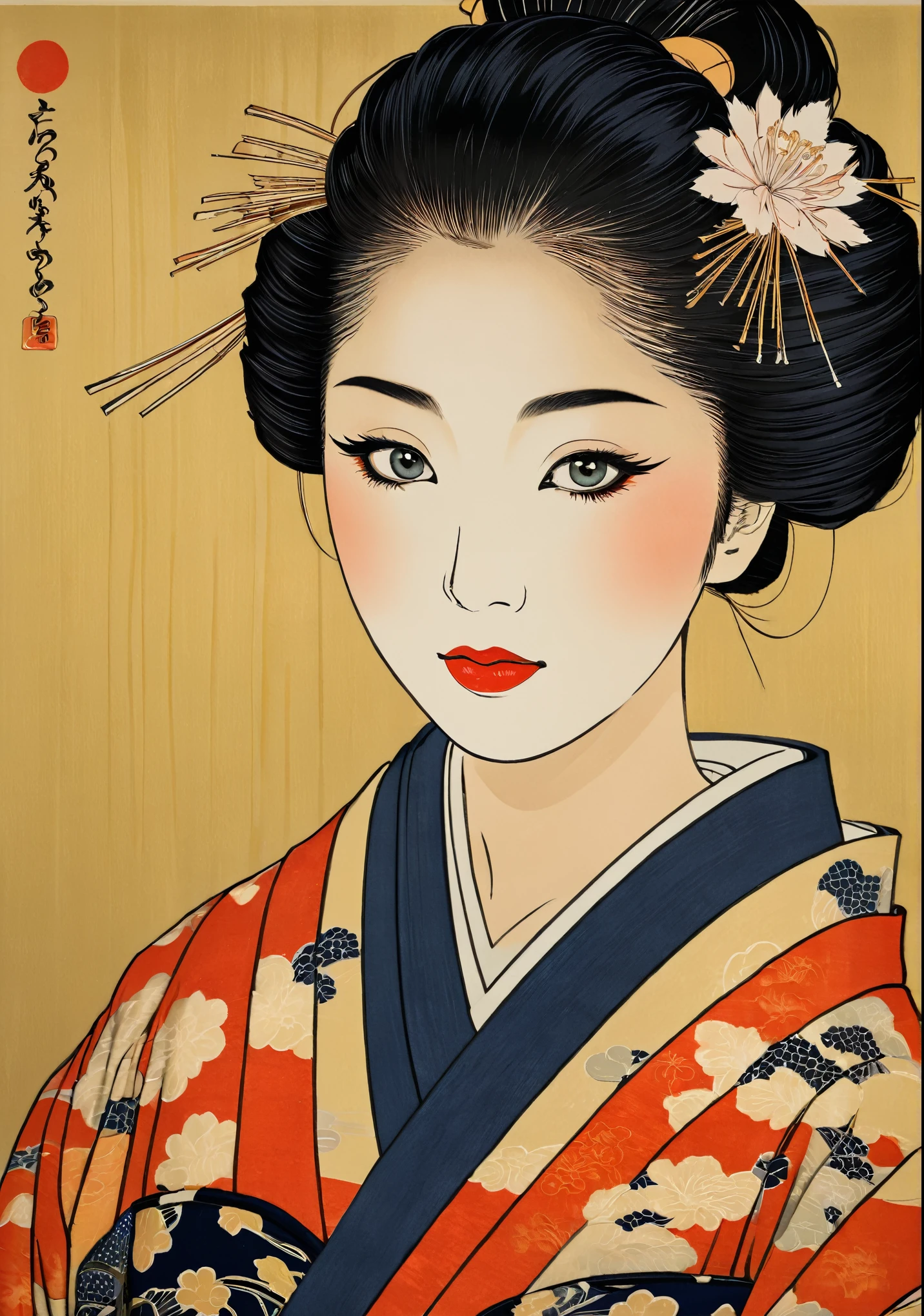 (ukiyo-e:1.9)、woodblock print、Sharaku、A beautiful young woman wearing a traditional Japanese kimono for the first time、Intricate kimono patterns、Delicate facial features、Elegant hairstyle、Beautiful eyes and lips、Calm expression、Close-up of face、Natural light、High resolution、Detailed Images、Bright colors、Realistic、masterpiece