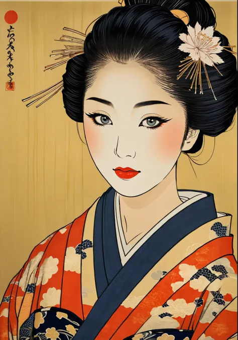 (ukiyo-e:1.9)、woodblock print、Sharaku、A beautiful young woman wearing a traditional Japanese kimono for the first time、Intricate...