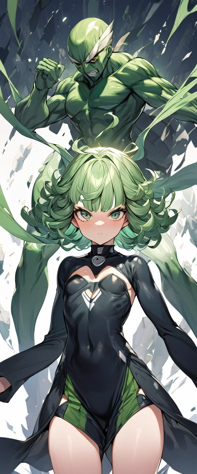 1girls, Tatsumaki, one punch man, green hair, green eyes, (black dress:0.7), (pelvic cutain:0.5), small breast