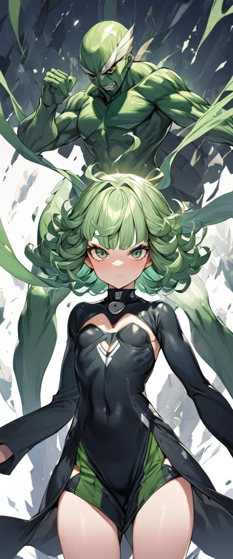 1girls, tatsumaki, one punch man, green hair, green eyes, (black dress:0.7), (pelvic cutain:0.5), small breast