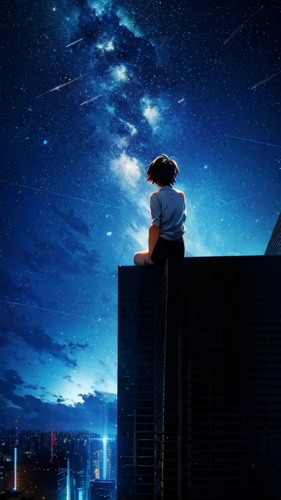 anime painting inspired by Makoto Shinkai, space art, sideways black cat sitting on the roof of a building looking at the sky, mysterious, fantastic, meteor shower, intricate lights, twinkling city lights, unmanned