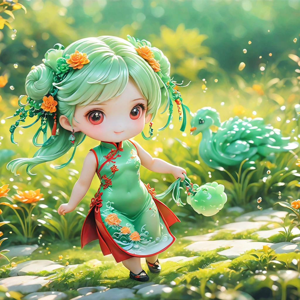 best quality, very good, 16K, ridiculous, Very detailed, charming(((cheongsam 1.3)))wing，Made of jadeite, Background grassland（（A masterpiece full of fantasy elements）））， （（best quality））， （（Intricate details））（8K）