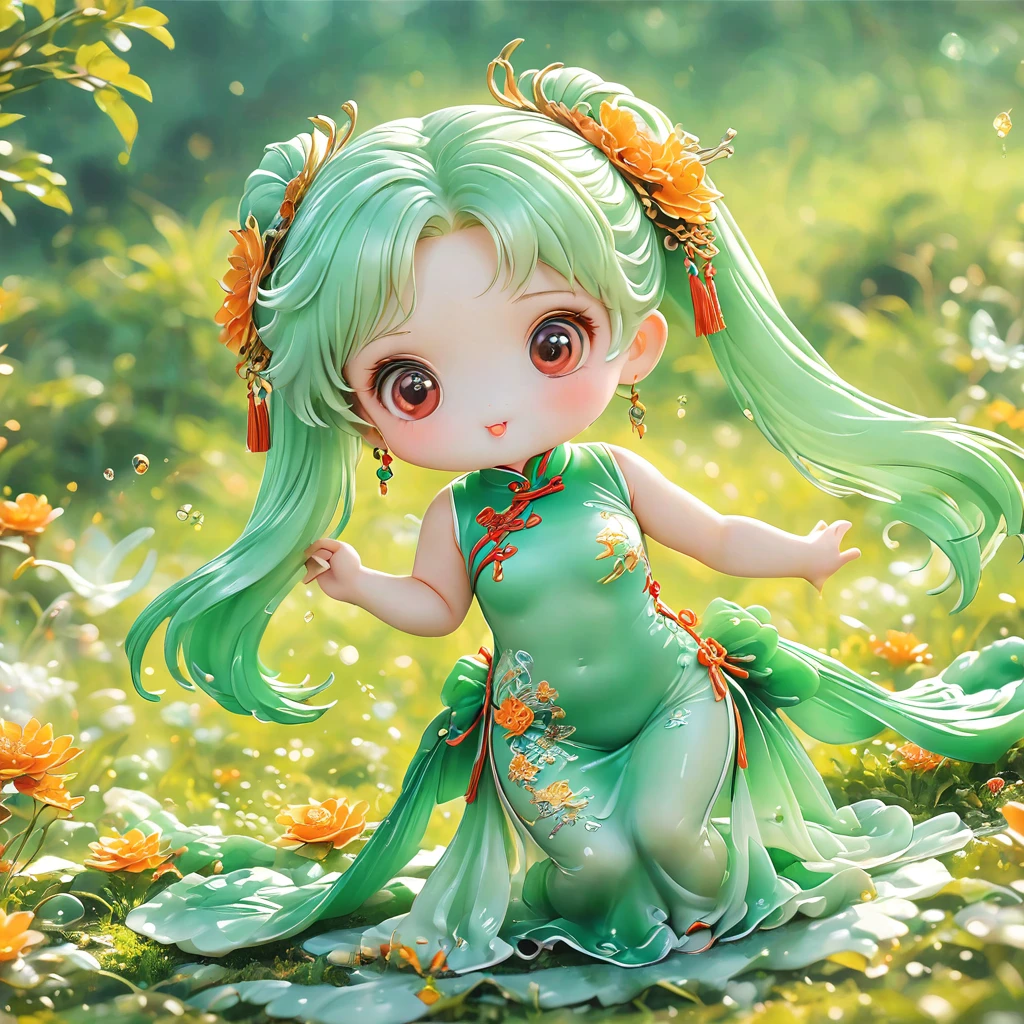 best quality, very good, 16K, ridiculous, Very detailed, charming(((cheongsam 1.3)))wing，Made of jadeite, Background grassland（（A masterpiece full of fantasy elements）））， （（best quality））， （（Intricate details））（8K）