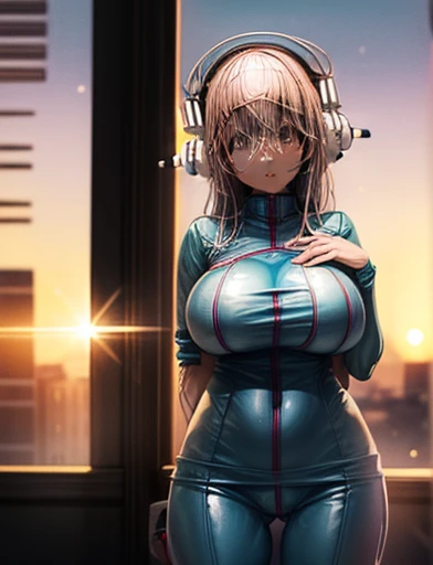 (One girl), Super Sonico enjoying the sunset outside the window, Wearing a tight blue, pink, and white bodysuit, Exposing cleavage, Happy, Cupcakes in hand, white treble, Big Breasts, One girl, alone, masterpiece, high quality