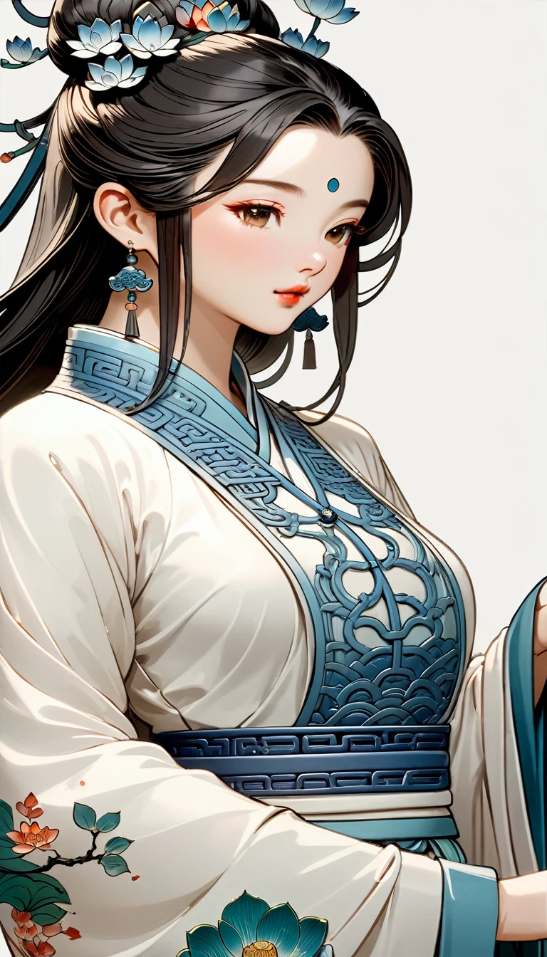 High Quality Fantasy Artifact Concept Art, front Photo，full-body shot，With lotus decoration，Simple background, Ceramic Chinese Girl, Carved high-end colored porcelain, complicated, Gorgeous, 8K