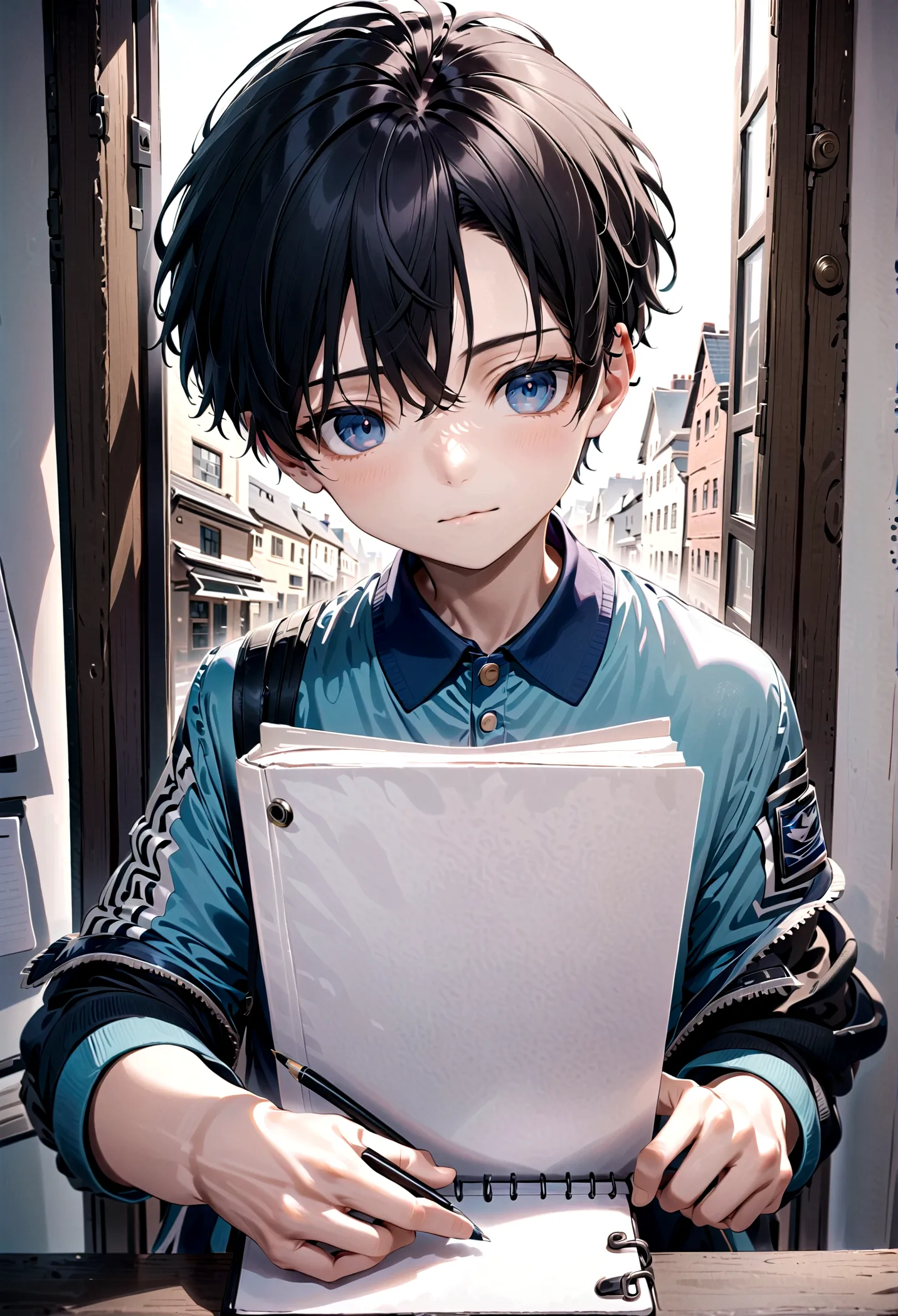 have levi hold an open white sketchbook and point at it with his finger as if he is explaining something. make his face face the...