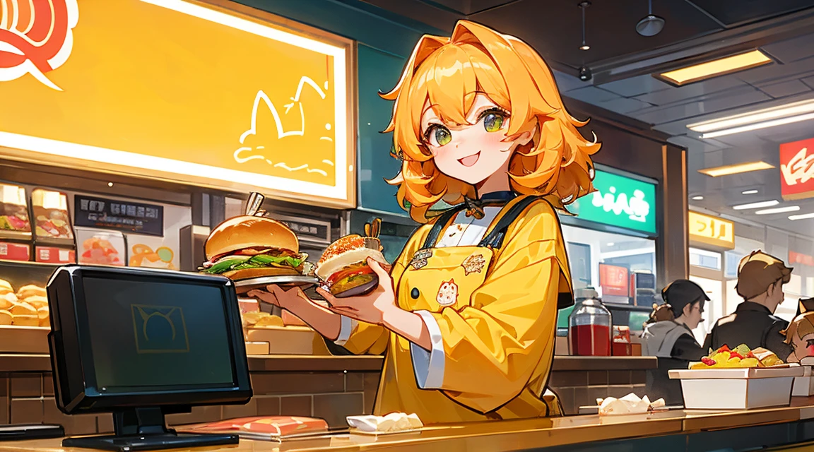 擬人化されたゴールデンスコティッシュフォールド猫がファーストフード店でたくさんの食べ物を注文している、色鮮やかで賑やかなファーストフード店のカウンターに立つ。猫は満面の笑みを浮かべている、ハンバーガーがいっぱいのトレイ、じゃがいも、飲み物を注文する。背景には他の猫のお客さんや店のポスターが見える.。