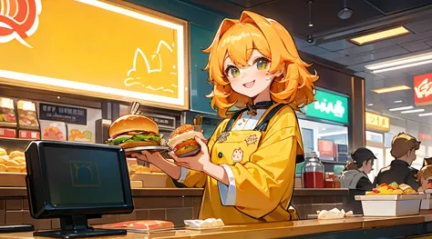 Anthropomorphic golden Scottish Fold cat ordering lots of food at a fast food restaurant、Standing at the counter of a colorful a...