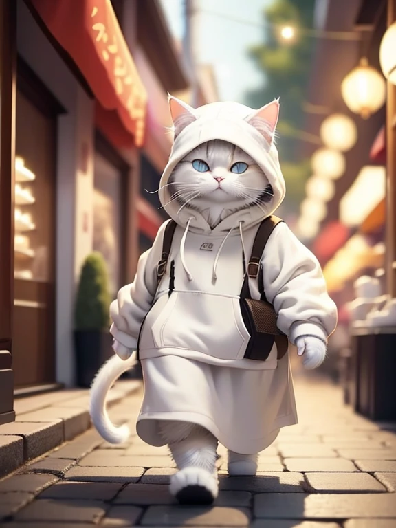 Fluffy white cat, Adventurer,Very detailed cat and fur, Wearing a white hoodie, Wandering around the Chinese market, Highly detailed images, Kodak 400, Atmospheric light, 50mm lens, (Cat Eyes and Feature Details) Realistic Cat, 8K,2 heads,Deformation