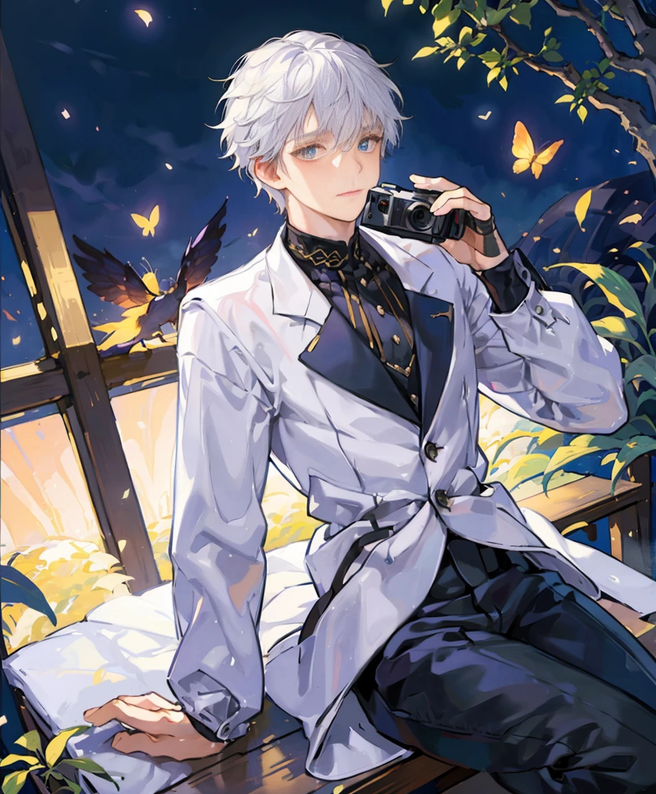 dynamic angle, splash art, high definition, full body, guy with white hair, sitting, surrounded by butterflies in a garden, soft boy, short hair, sunset lighting, dramatic lighting, looking at camera, young boy, light on face, camera angled slightly from above, sad expression, wearing clothing like elden ring miquella, looking from below the camera, camera angled above subject slightly