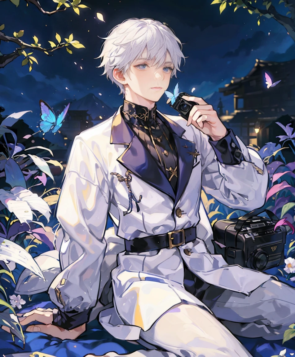 dynamic angle, splash art, high definition, full body, guy with white hair, sitting, surrounded by butterflies in a garden, soft boy, short hair, sunset lighting, dramatic lighting, looking at camera, young boy, light on face, camera angled slightly from above, sad expression, wearing clothing like elden ring miquella, looking from below the camera, camera angled above subject slightly