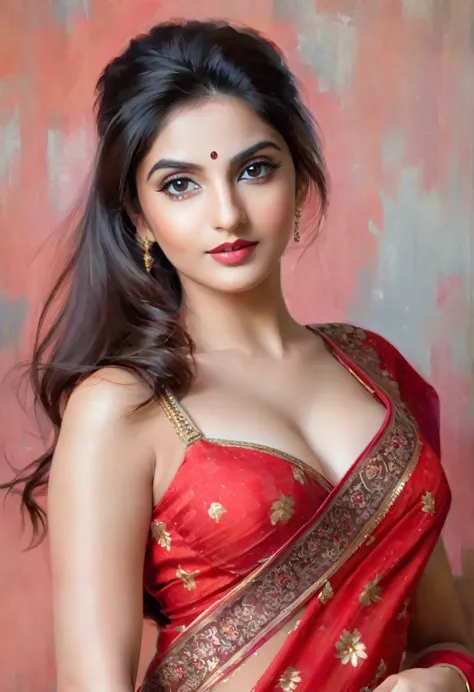 (masterpiece semi nude topless bhabhi posing lavishing sexy pose wearing red saree without blouse & bra portrait photography:1.5...