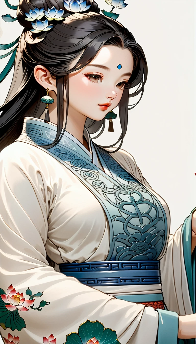 High Quality Fantasy Artifact Concept Art, front Photo，Facing the camera，from head to foot，full-body shot，With lotus decoration，Simple background, Ceramic Chinese Girl, Carved high-end colored porcelain, complicated, Gorgeous, 8K