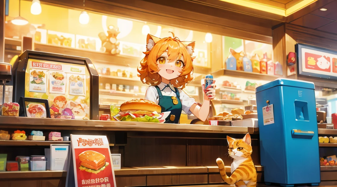 猫がファーストフード店で大量の食べ物を注文する 擬人化されたゴールデンスコティッシュフォールド猫、色鮮やかで賑やかなファーストフード店のカウンターに立つ。猫は満面の笑みを浮かべている、ハンバーガーがいっぱいのトレイ、じゃがいも、飲み物を注文する。背景には他の猫のお客さんや店のポスターが見える.。

#制約とプロンプトは、キャラクターの表情と服装である.、もちもの、背景の詳細な説明をお願いします, 等. ・登場する動物が擬人化されるようにプロンプトを生成する・出力画像は全て同じシード値で生成する。
- 金色のスコティッシュフォールド猫を生成してください. - ピクサーのキャラクターに似た3Dスタイルのアートスタイルを生成してください. - 人間を生成しないでください.