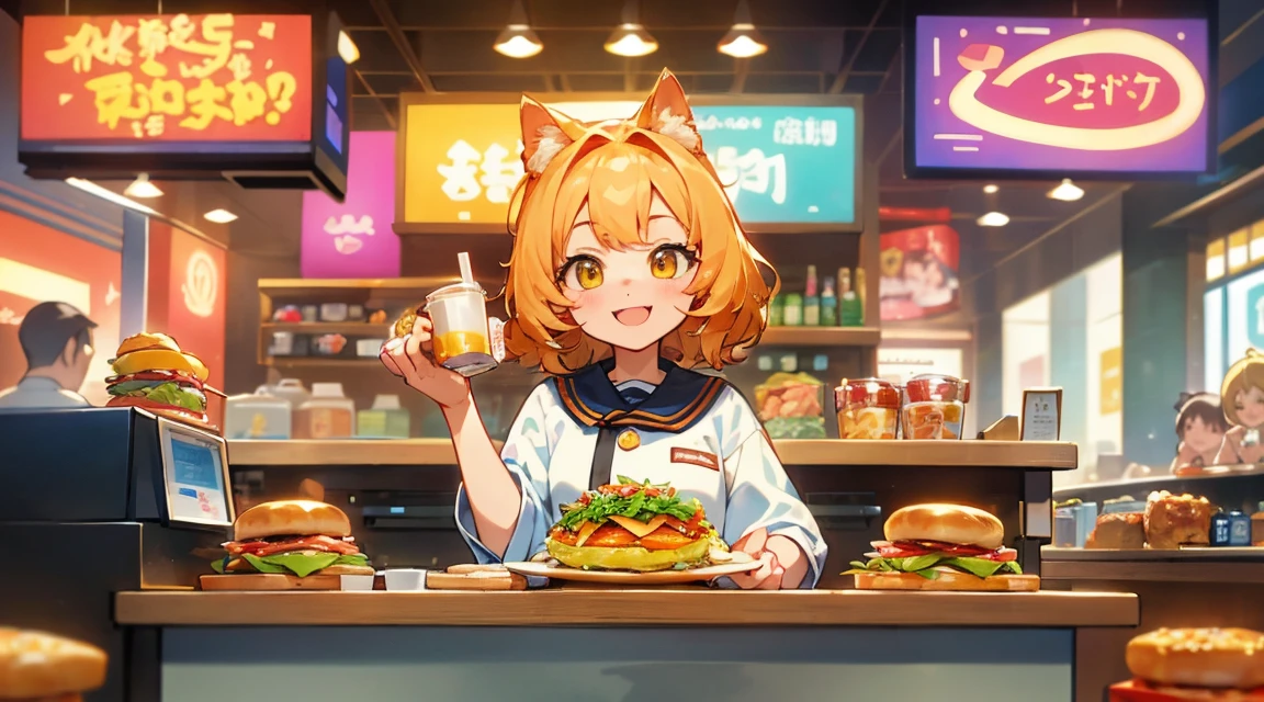 猫がファーストフード店で大量の食べ物を注文する 擬人化されたゴールデンスコティッシュフォールド猫、色鮮やかで賑やかなファーストフード店のカウンターに立つ。猫は満面の笑みを浮かべている、ハンバーガーがいっぱいのトレイ、じゃがいも、飲み物を注文する。背景には他の猫のお客さんや店のポスターが見える.。

#制約とプロンプトは、キャラクターの表情と服装である.、もちもの、背景の詳細な説明をお願いします, 等. ・登場する動物が擬人化されるようにプロンプトを生成する・出力画像は全て同じシード値で生成する。
- 金色のスコティッシュフォールド猫を生成してください. - ピクサーのキャラクターに似た3Dスタイルのアートスタイルを生成してください. - 人間を生成しないでください.