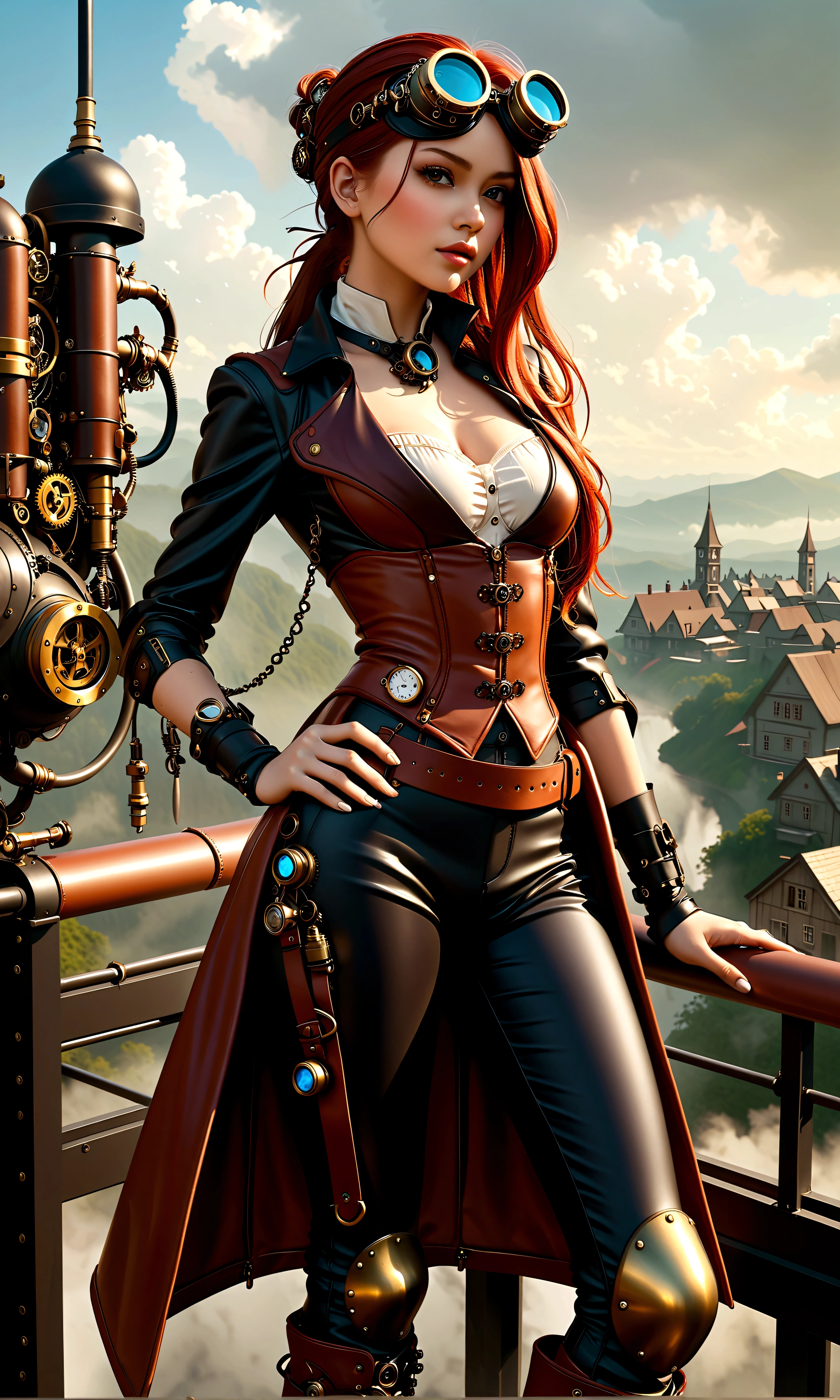 ganzkörper, ganzkörper bild(head to toe in frame)((Masterpiece)),mfbp1, (Best Quality), (Cinematic),(Extremely detailed CG Unity 8k wallpaper), 1 girl, fit,Delicious company, small breasts,(no goggles on face)(very long redhair),one Stunning red-haired steampunk woman who lost her forearm in an accident received a beautifully designed, fine and perfectly fitting robotic prosthesis (steampunk style) as a replacement, posing coolly in front of machines and factories. With this prosthesis she shows us a sealed, delicate poison glass bottle with blue liquid in it. Hand-forearm prosthesis made of brass and leather. She wears tight-fitting clothing (steampunk leather suit with cut-outs on hips and belly and buckles).the forearms are nude to show the prothetic arm, hoes and decorative wielding goggles in her hair on head, also made of brass and leather. The landscape is a bit gloomy, but also impressive.,1 line drawing,make up,steampunk style 
