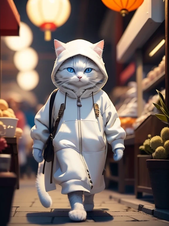 Fluffy white cat, Adventurer,Very detailed cat and fur, Wearing a white hoodie, Wandering around the Chinese market, Highly detailed images, Kodak 400, Atmospheric light, 50mm lens, (Cat Eyes and Feature Details) Realistic Cat, blue eyes,8K,2 heads,Deformation