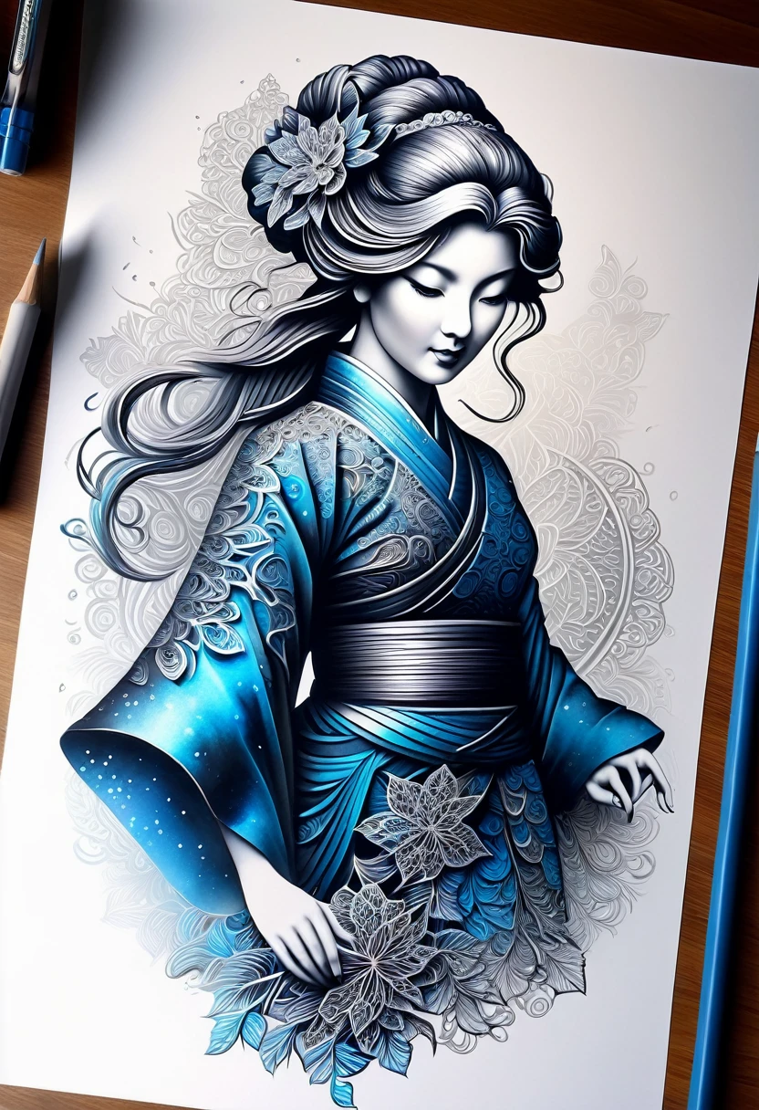 Sur une feuille de papier,  Dessiner une figurine 4D de style encre uhd époustouflante et à couper le souffle, une ninja portant une sublime Cheongsam dress très détaillé en dentelle fractal, effet holographique qui semble sortir de la feuille de dessin, dessin extrêmement détaillé, hyperréaliste, Des détails sublimes. Un travail vraiment remarquable, travail joyeux et sensuel, (sublime poitrine effet push-up qui semble sortir de la feuille de dessin, effet 3d époustouflant), ((proportions parfaites, masterpiece, hyperRéaliste, masterpiece, superior quality, high resolution, Extremely detailed, highly detailed 8K wallpaper, détails fractales))