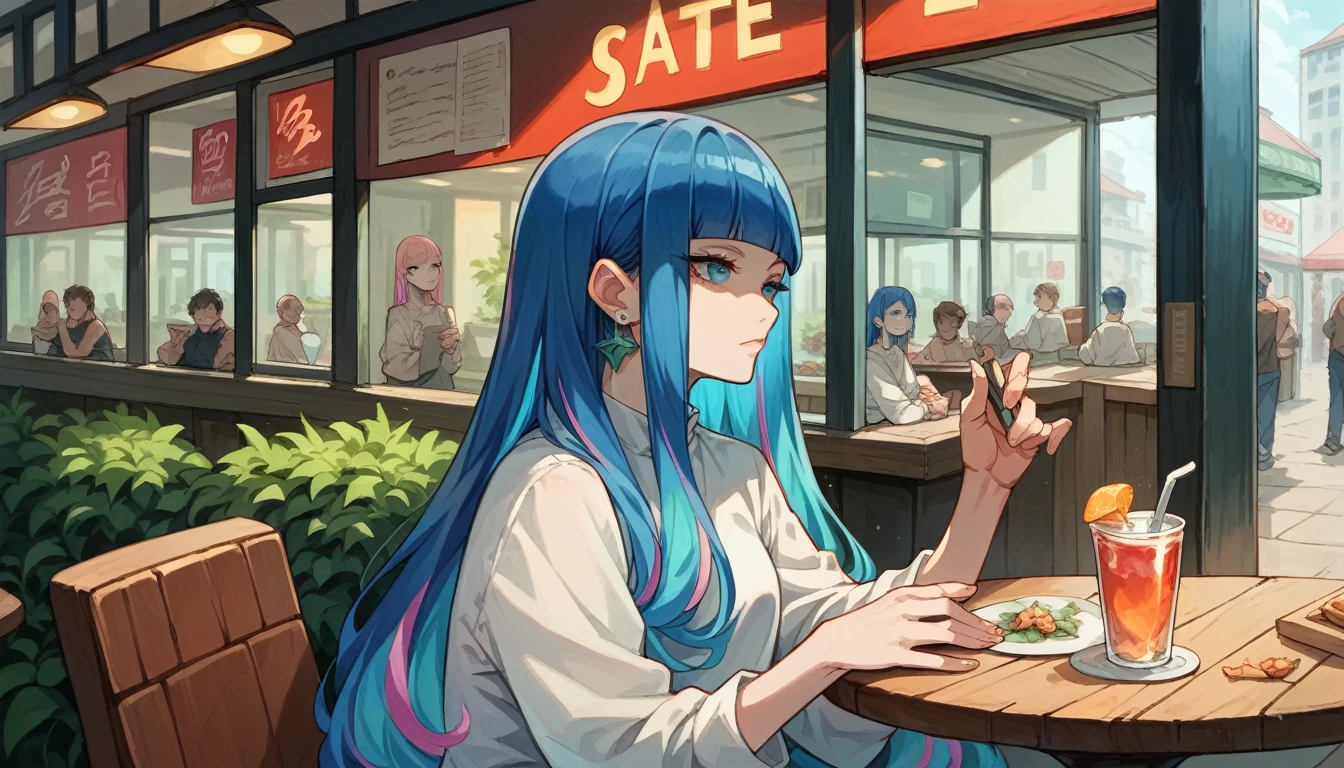 (1 girl) eida, blue hair, blunt bangs, colored colored inner hair, long hair, earrings, long sidelocks, chilling in cafe