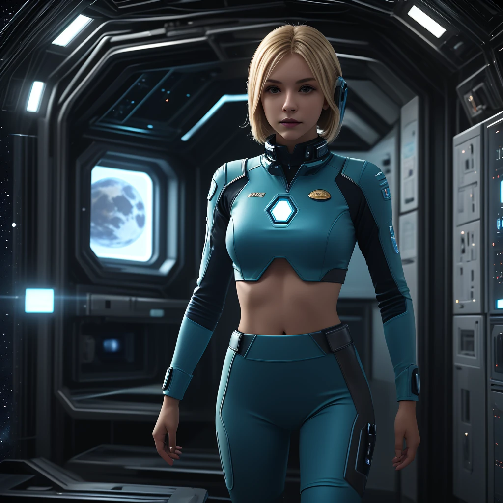 (masterpiece:1.4),(best quality,photorealistic), A beautiful Blonde woman with short hair, 48 years old, she is wearing a full length Teal space suit, she has perfect hands and face, ((she is standing in the door  way of a giant space ship)), there computers and flight controls, and exclusive, Luxury, you can see a moon out of the window, space nebulas, planets, control panel, she is sitting in a large space, she wears a gold badge