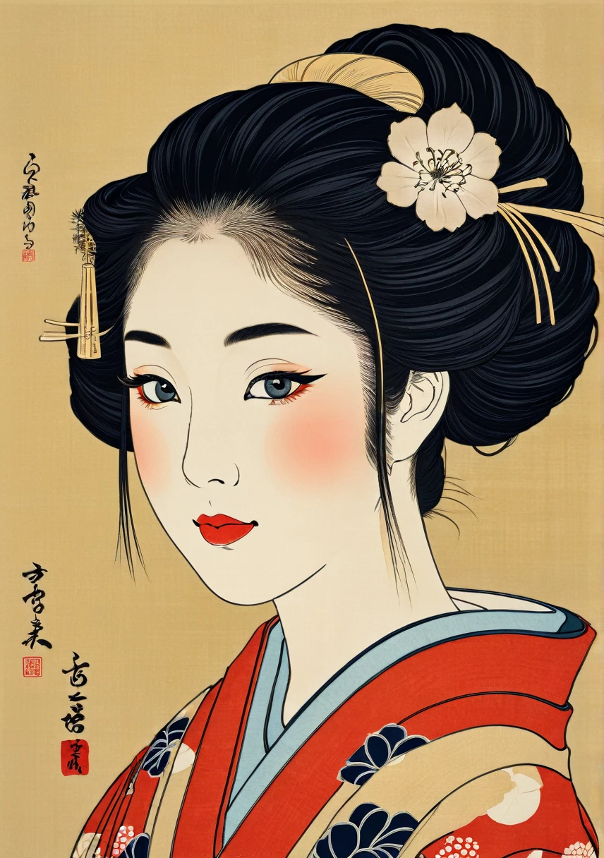 (ukiyo-e:1.9)、Holzschnitt、Sharaku、Eine süße Person, die zum ersten Mal einen traditionellen japanischen Kimono trägt、、Aufwendige Kimonomuster、zarte Gesichtszüge、Elegante Frisur、Einen traditionellen japanischen Ball halten、Schöne Augen und Lippen、unschuldiger Ausdruck、Nahaufnahme des Gesichts、Natürliches Licht、Hohe Auflösung、Detaillierte Bilder、Helle Farben、realistisch、Meisterwerk