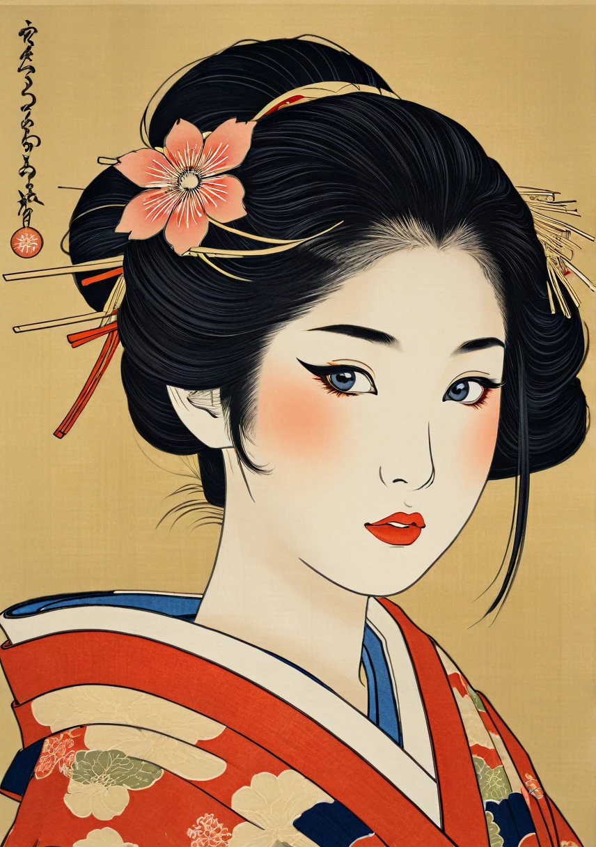 (ukiyo-e:1.9)、woodblock print、Sharaku、A cute  wearing a traditional Japanese kimono for the first time、12 years old、Intricate kimono patterns、Delicate facial features、Elegant hairstyle、Holding a traditional Japanese ball、Beautiful eyes and lips、Innocent expression、Close-up of face、Natural light、High resolution、Detailed Images、Bright colors、Realistic、masterpiece