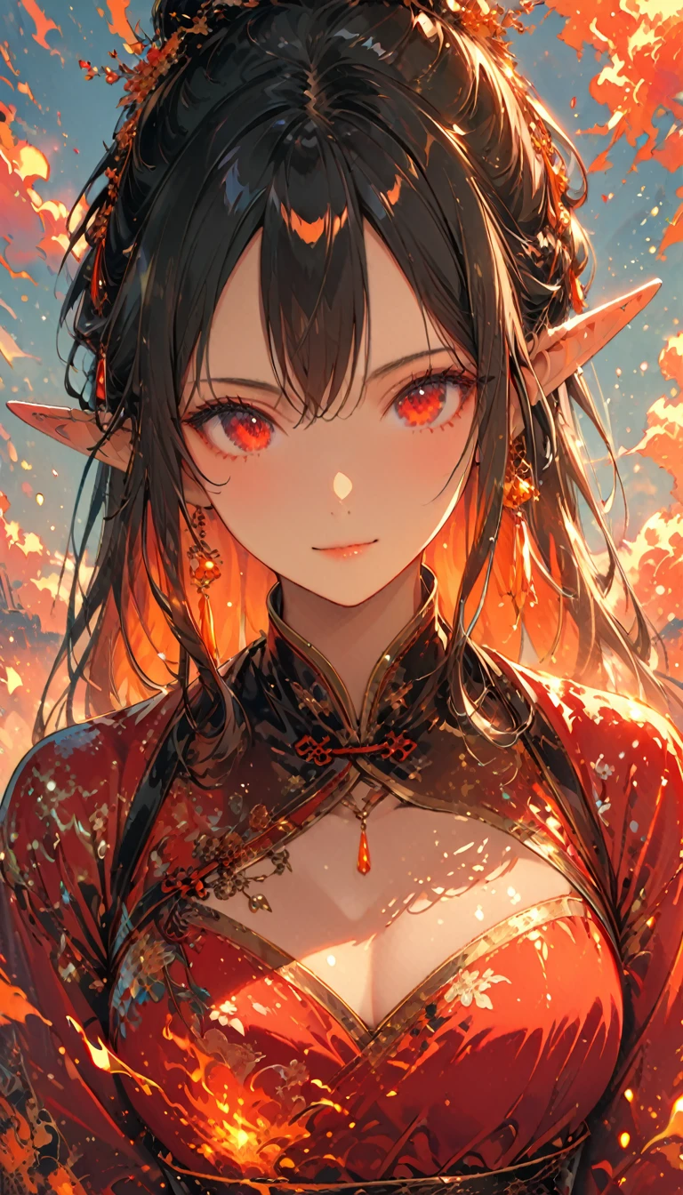 ((half body Portrait of a fire elf)), red flowing hair, shiny red eyes,( medium length pointy ears),orange fire around, flaming theme, burning atmosphere, (detailed sexy Chinese style costume:1.2), red glowing tattoos, orange crystal jewelry, light smile, mature body, colorful ,by Mappa studios,masterpiece,best quality,official art,illustration,ligne claire,(cool_color),perfect composition,absurdres, fantasy,focused,rule of third, close up portrait 