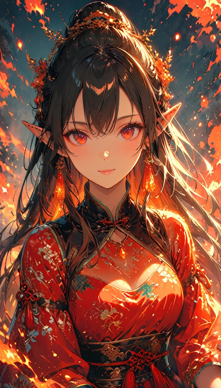 ((half body Portrait of a fire elf)), red flowing hair, shiny red eyes,( medium length pointy ears),orange fire around, flaming theme, burning atmosphere, (detailed sexy Chinese style costume:1.2), red glowing tattoos, orange crystal jewelry, light smile, mature body, colorful ,by Mappa studios,masterpiece,best quality,official art,illustration,ligne claire,(cool_color),perfect composition,absurdres, fantasy,focused,rule of third, close up portrait 