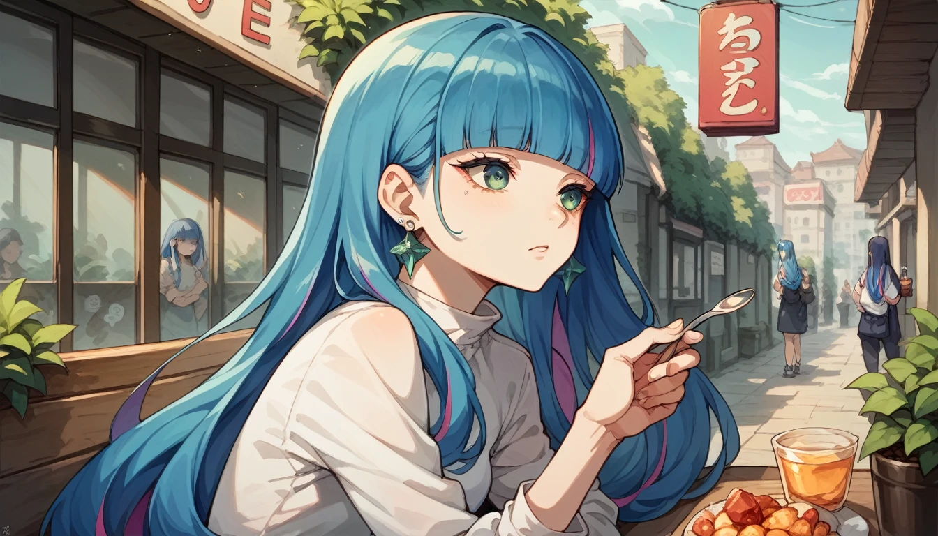 ((1 girl) eida, blue hair, blunt bangs, colored colored inner hair, long hair, earrings, long sidelocks), chilling in cafe while holding a spoon in her right hand