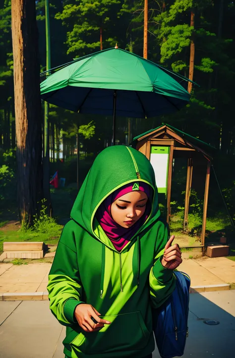 a  wearing a green hoodie, the hoodie says syifa, wear the hijab, background taman,