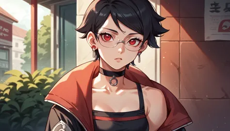 ((1 girl) sarada, black hair, red eyes, short hair, swept bangs, choker, glasses, earrings), chilling in cafe