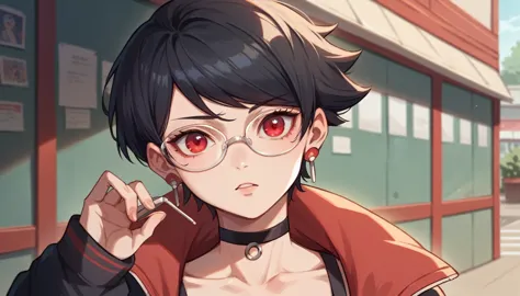 ((1 girl) sarada, black hair, red eyes, short hair, swept bangs, choker, glasses, earrings), chilling in cafe