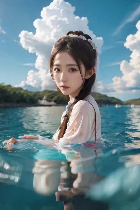 1 girl,blue sky and white clouds,water,close-up