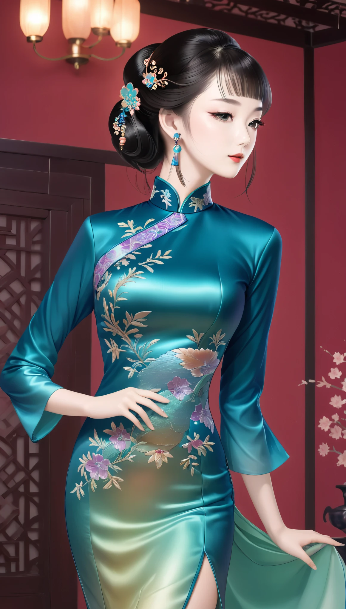 best quality, incredibly absurdres, extremely detailed, 2.5D, delicate and dynamic, beautiful woman, intelligent cool beauty, captivating look, tight up hair, wearing iridescent gradient sleeved cheongsam features intricate and luxurious embroidery, shiny satin fabric, accessories, superlative body proportion, gorgeous and gorgeous effects, background aristocratic social setting