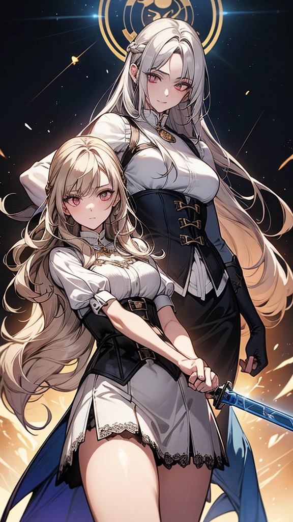 masterpiece, best quality, Mature women,, gray hair, Long Hair Flying，fantasy, middle Ages, On the war zone, dynamic poses, Beautiful and detailed light，black corset，White miniskirt，Lace exposed，Golden eyes，There are blue sword lights all around，silence，fist to the sky with right hand