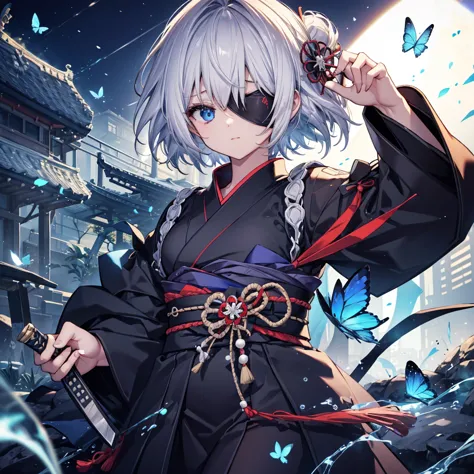 (((1 person　Put on an eye patch　Gray Hair)))　((High resolution　short hair　Black kimono　Shoulder　Rin々Funny face　knifeを胸の前で構える))　(...