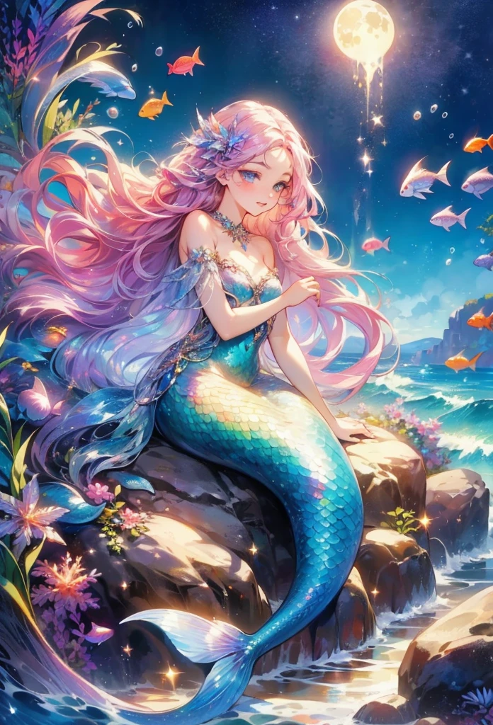 A beautiful flowing mermaid,Iridescent Scales and long,Flowing Hair. She is sitting on a rock by the sea under the moonlight,surrounded by Calm waves and sparkling Sea creatures.,(style: Classic Fantasy, Realistic),(detailed: Long Hair, Iridescent Scales, moonlight, Sea creatures, Calm waves),(Anatomically correct),Highest quality,wonderful品質,16K,Unbelievably absurd,非常にdetailed,Fine and beautiful eyes,Smooth and beautiful skin,Beautiful hair with shiny details,Carefully draw down to the smallest detail,Complex gradation like watercolor painting,Colorful,wonderful色のバランス,Happy dreams,Zentangle Elements,rendering,Cast colorful spells,((Sparkling)),Hologram processing,wonderful,Magical Effects,Arranging light particles,Carefully draw the face line,Natural Makeup,Charm,Perfect proportions