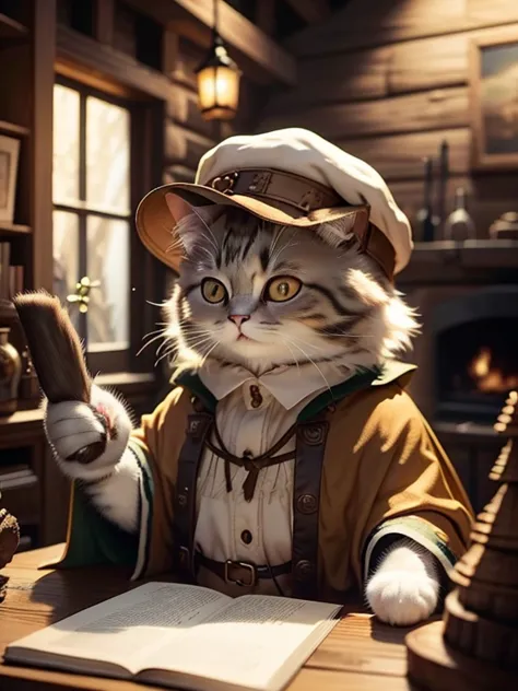 Fluffy old cat, Sage,Wizard,Very detailed cat and fur, Hat and cape, Log house in the forest, One animal,Highly detailed images,...