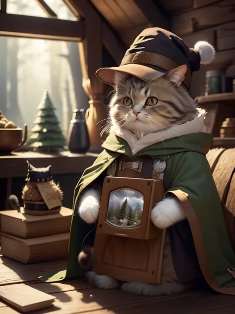 Fluffy old cat, Sage,Wizard,Very detailed cat and fur, Hat and cape, Log house in the forest, One animal,Highly detailed images,...
