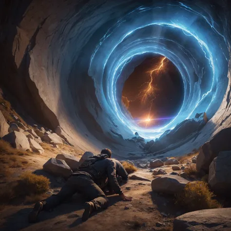 Two men get sick trying to go through a portal in a mountain. Photorealism, full view, very detailed image, very realistic, hype...