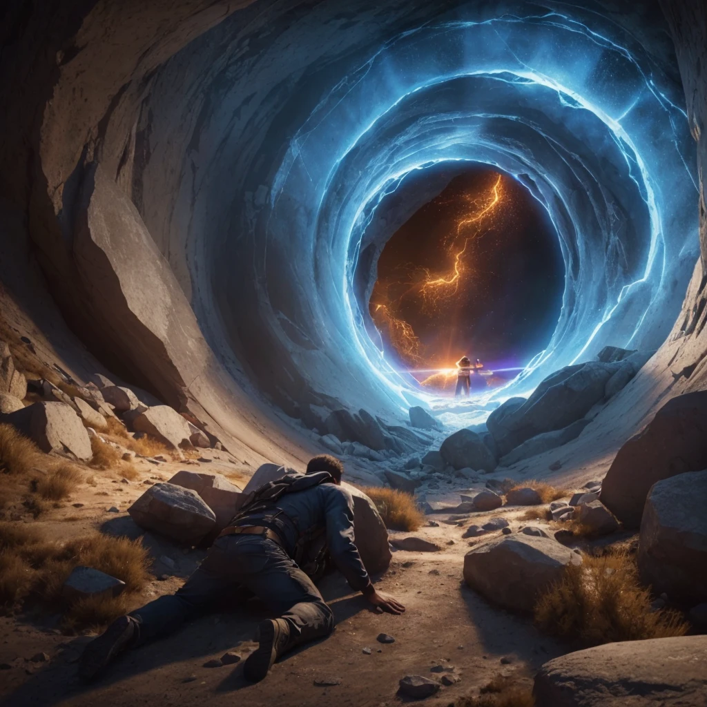 Two men get sick trying to go through a portal in a mountain. Photorealism, full view, very detailed image, very realistic, hyperrealism, Ultra HD, 8k, 5, sharp focus, intricate and mysterious masterpiece.(Long exposure photography Highly detailed close- up portrait art illustration: final quality, medium shot, backlit, rich and striking manipulations (rule of thirds composition), ((detailed environment with strong lines) The best quality, in camera, white light, warm and clean aesthetics , dazzling screen composed of millions of bright ultraviolet rays, HDR.