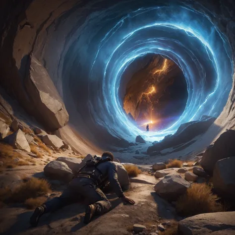 Two men get sick trying to go through a portal in a mountain. Photorealism, full view, very detailed image, very realistic, hype...