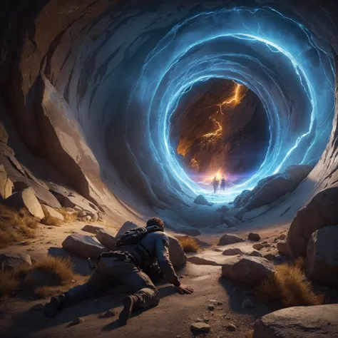 Two men get sick trying to go through a portal in a mountain. Photorealism, full view, very detailed image, very realistic, hype...