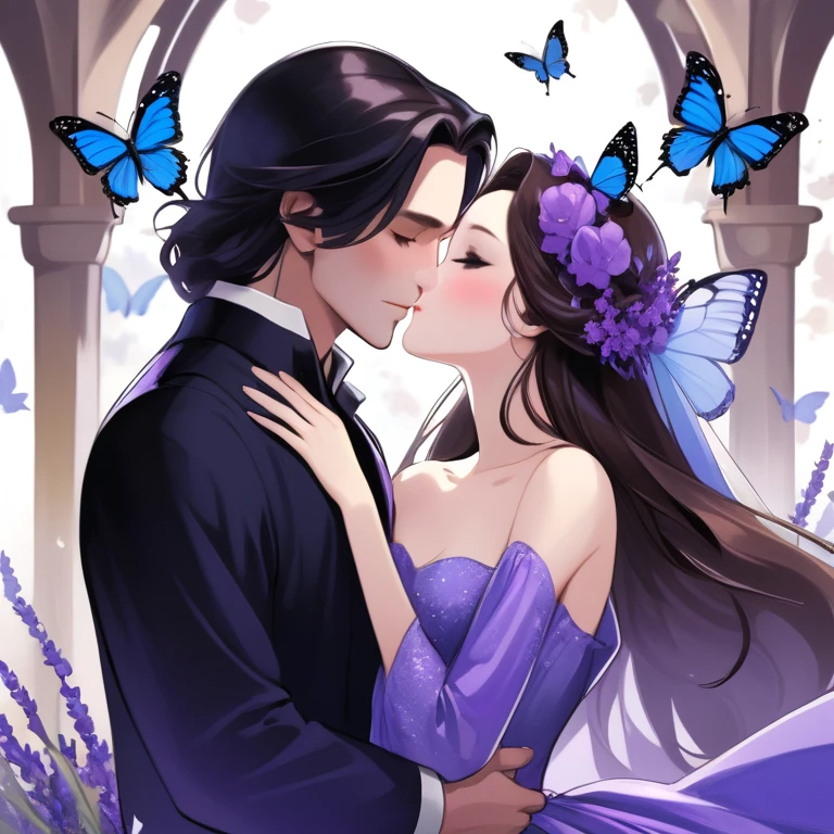 couple, blue castle, butterfly, kising, woman with black eyes, black long hair, lavender gown, man with dark brown hair, blue eyes, crysant purple flower