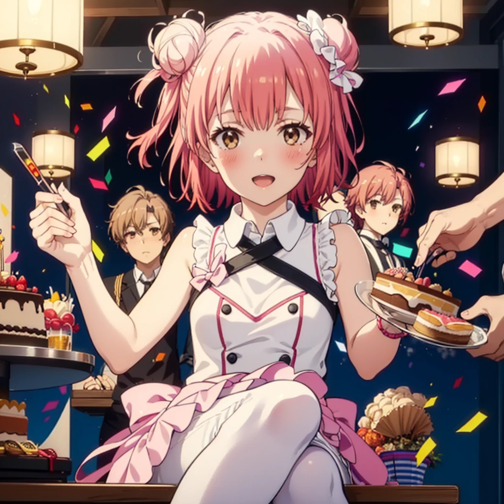 yuiyuigahama, yui yuigahama, short hair, (Brown eyes:1.5), (Pink Hair:1.2), Hair Bun, single Hair Bun, smile,blush,Open your mouth wide,Pink sleeveless dress,Long skirt,Stiletto heels,A birthday cake with lit candles,
,There is a round birthday cake on the desk.,Confetti,cracker,whole bodyがイラストに入るように,
break indoors,  Venue,
break looking at viewer, whole body,
break (masterpiece:1.2), Highest quality, High resolution, unity 8k wallpaper, (figure:0.8), (Beautiful attention to detail:1.6), Highly detailed face, Perfect lighting, Highly detailed CG, (Perfect hands, Perfect Anatomy),