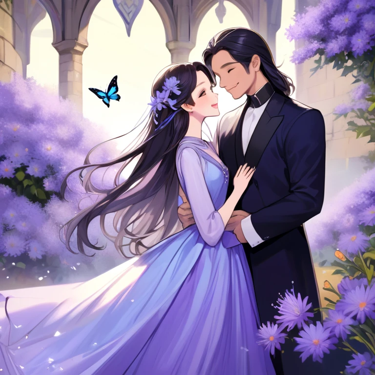 couple, blue castle, butterfly, kising, woman with black eyes, neutral skin, black long hair, lavender gown, man with crystal blue eyes and pale white skin, brown hair,  smile, aster purple flower