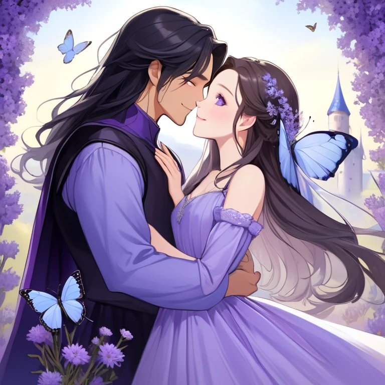 couple, blue castle, butterfly, kising, woman with black eyes, neutral skin, black long hair, lavender gown, man with crystal blue eyes and pale white skin, brown hair,  smile, aster purple flower